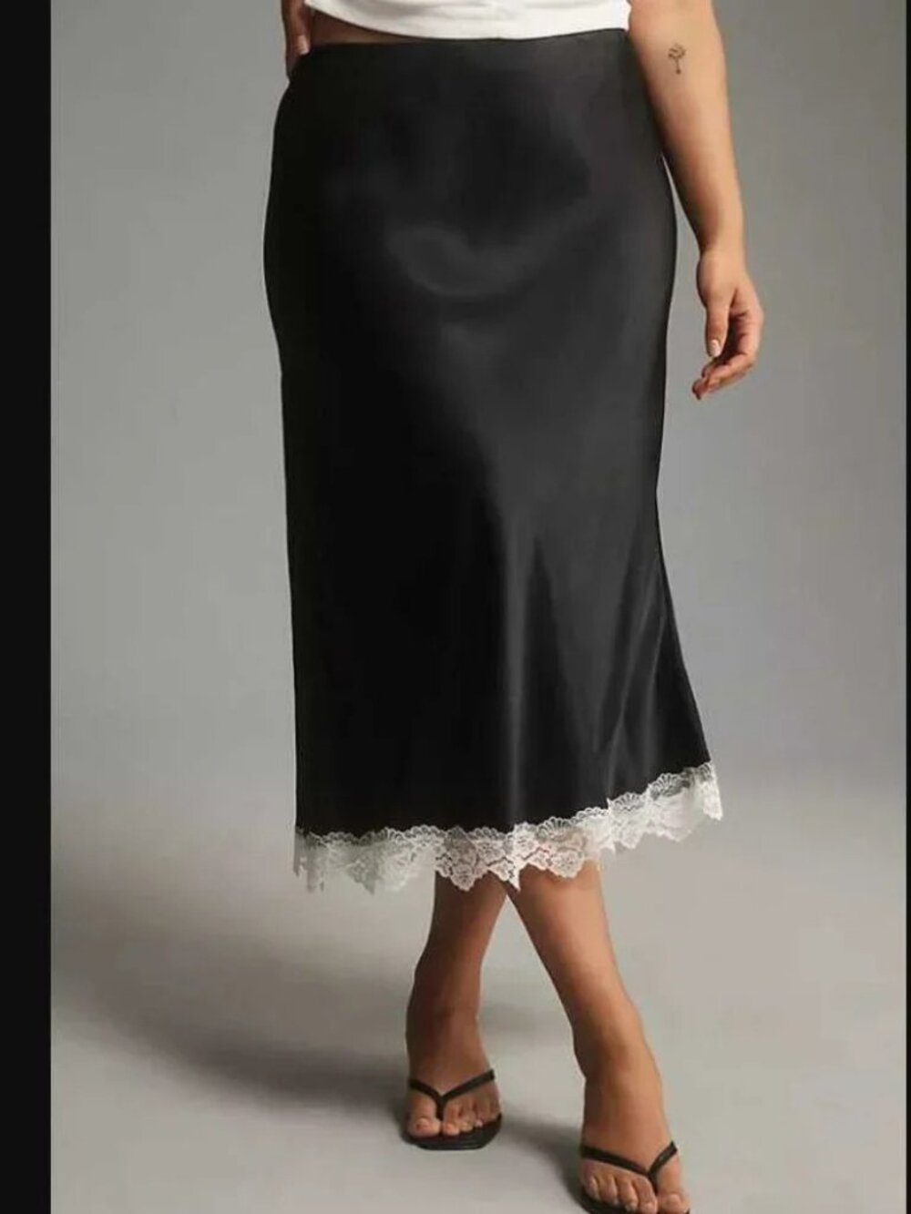 Anthropologie Black White Satin Lace Trim MIDI Skirt